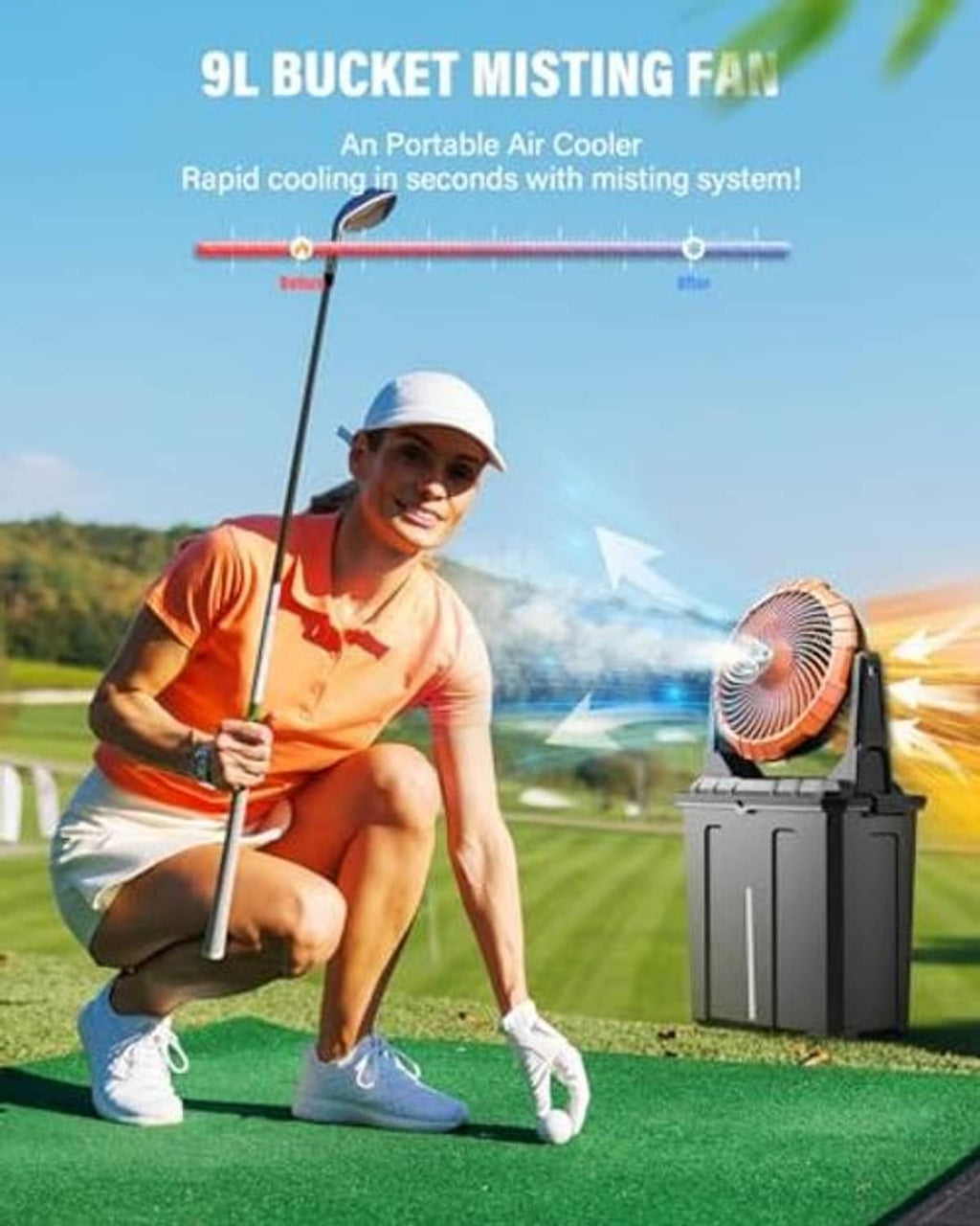 Portable misting fan with orange fan head and black bucket base outdoors on grass.