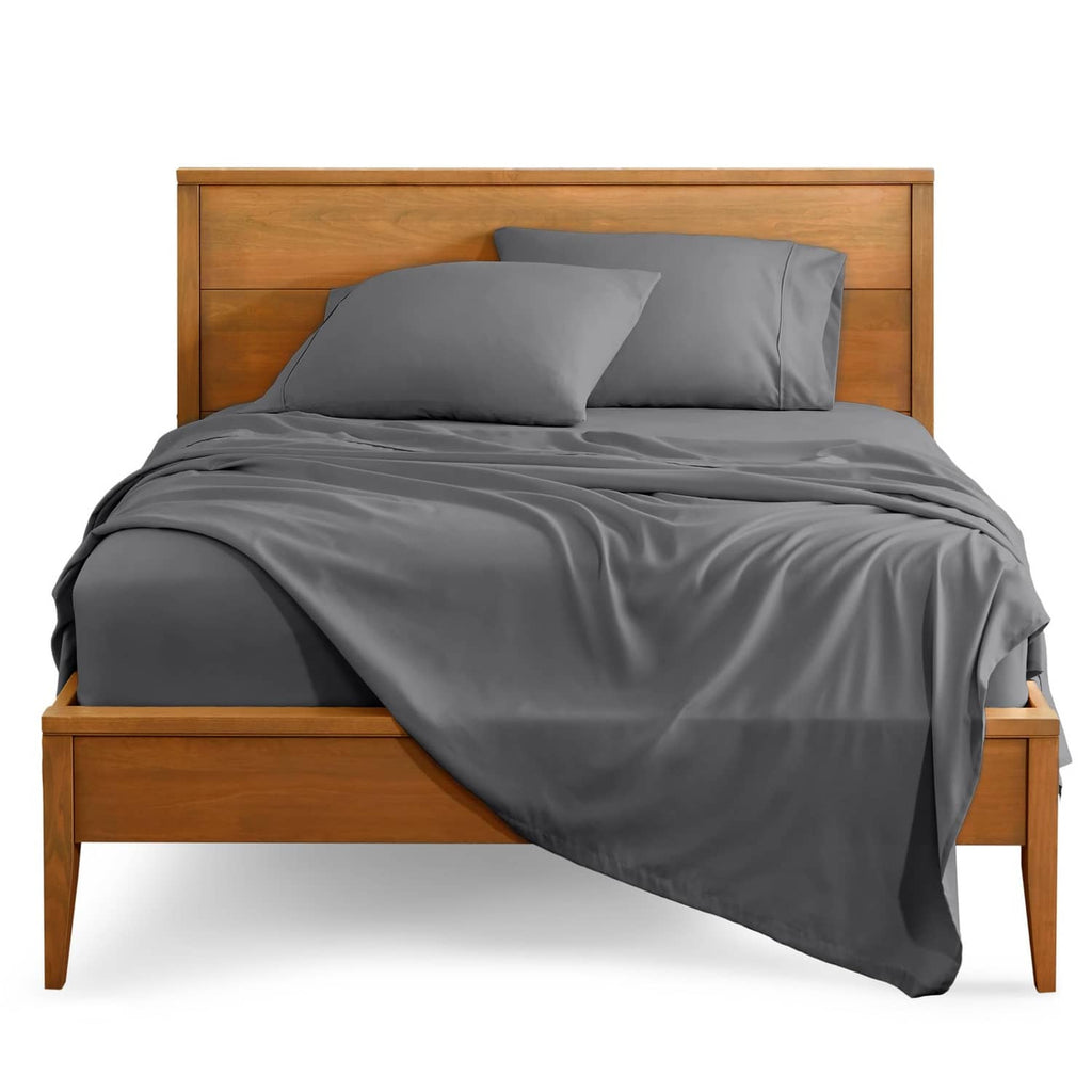 Grey split king bed linen set with flat sheet, fitted sheet, and matching pillowcases