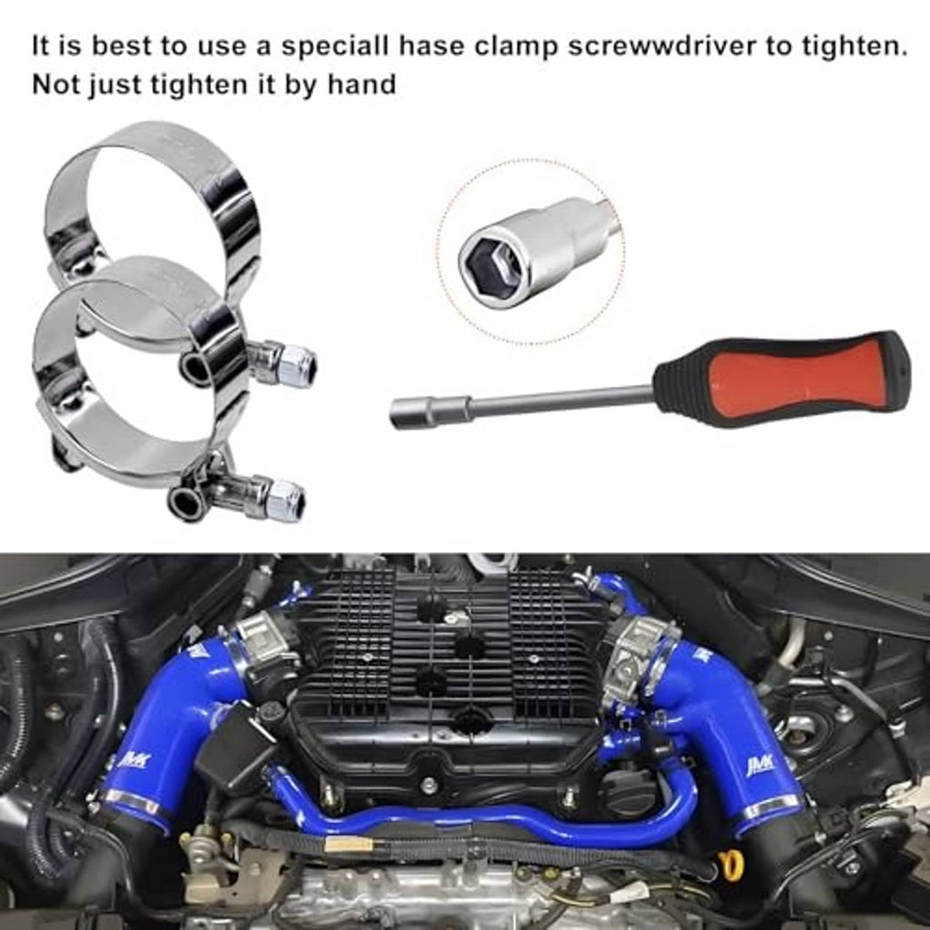 T-bolt hose clamp with screw mechanism and hex nut, shown with tightening tool