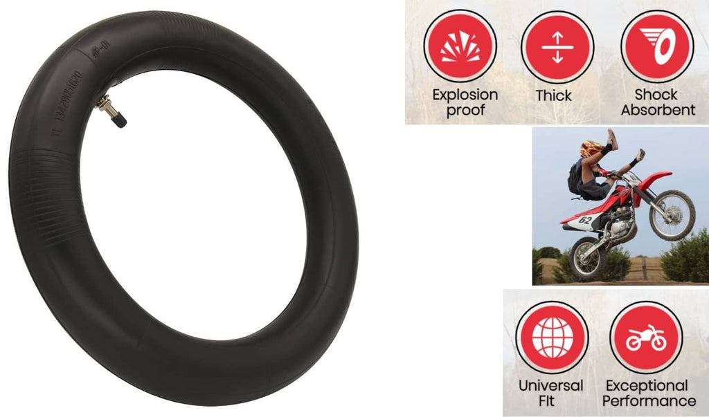 Black dirt bike inner tube with metal valve stem, side-profile view