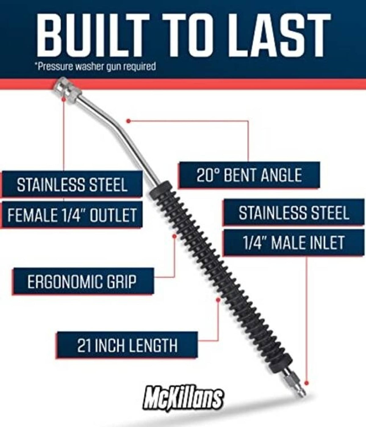 Curved pressure washer extension wand diagram with 1/4 in male inlet and female outlet