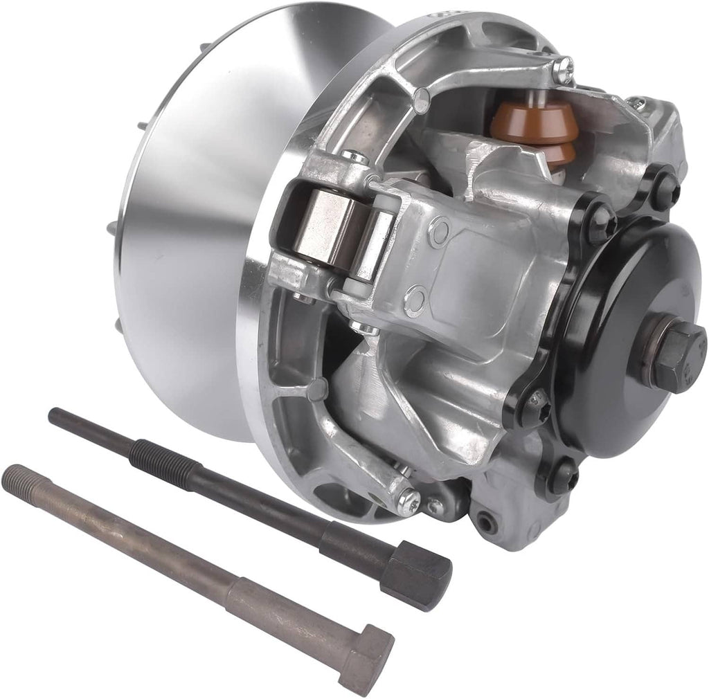 Drive pulley clutch primary assembly with metal housing, black cover, brown rollers