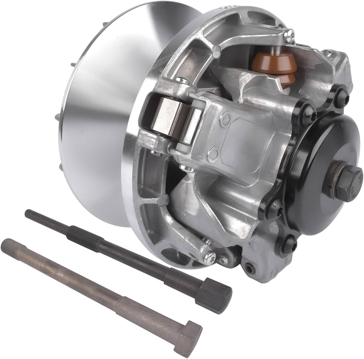 Drive pulley clutch primary assembly with metal housing, black cover, brown rollers