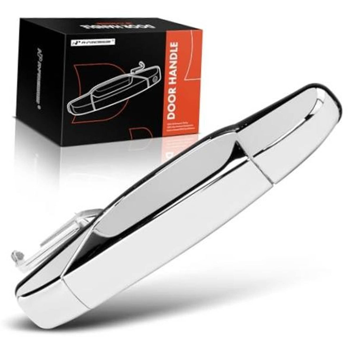 Chrome exterior passenger door handle, rear right, silver with ABS plastic body