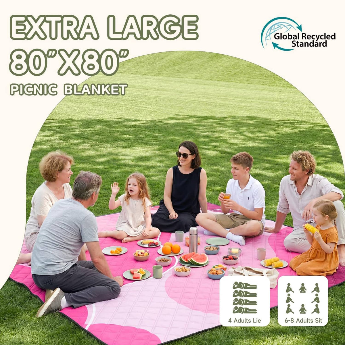 Extra-large pink waterproof picnic blanket with quilted grid and rounded edge