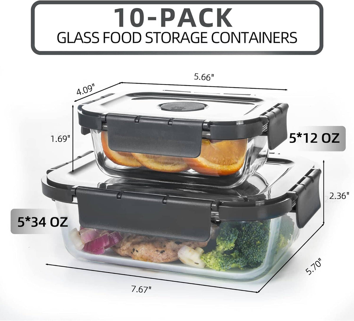 Clear glass food storage containers with dark gray snap lids, 10-pack
