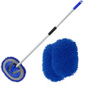 Blue microfiber car wash brush with long pole and round chenille cleaning head