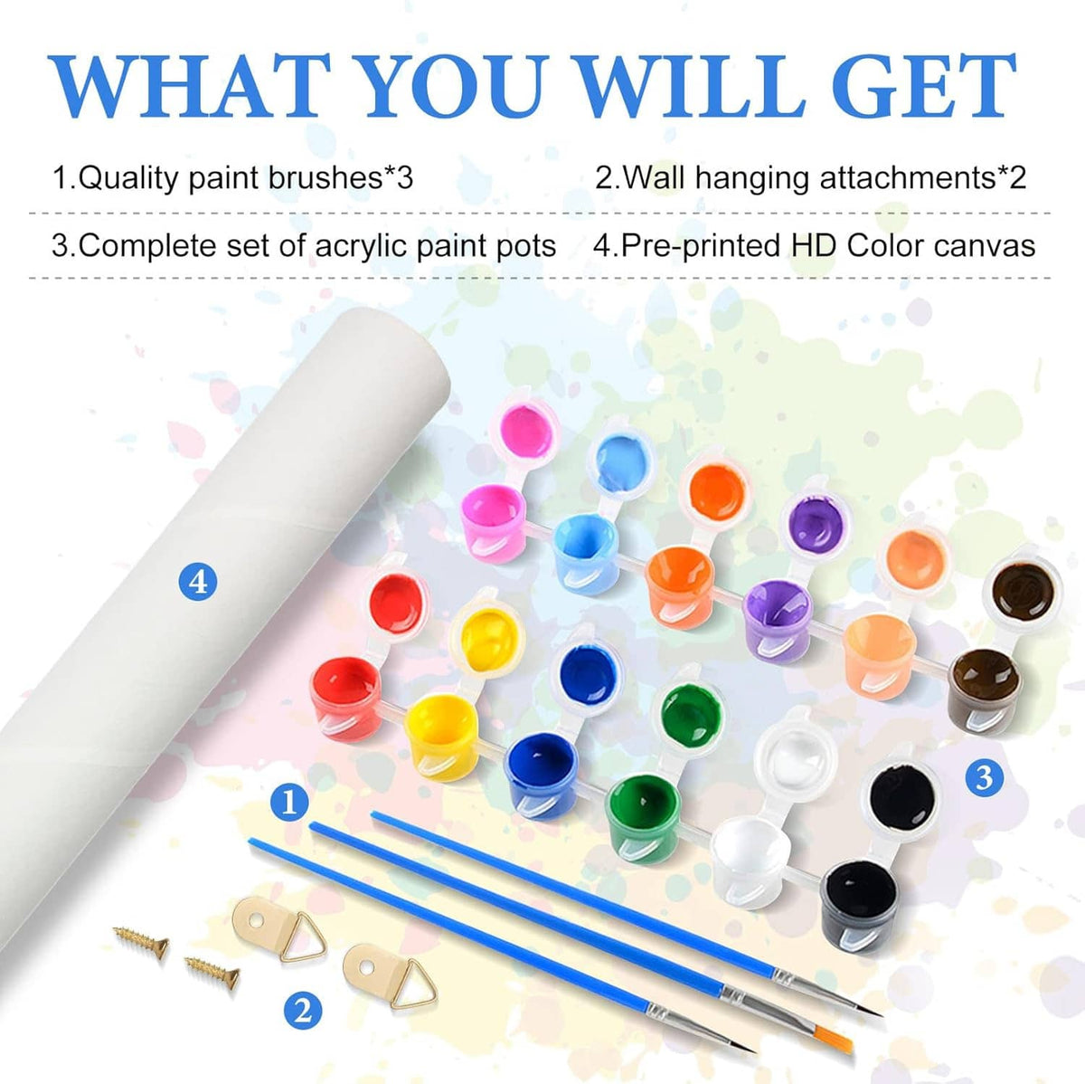 Paint-by-numbers supplies set with paintbrushes, pots, and color canvas roll
