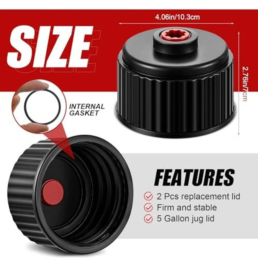 Black 5-gallon fuel jug lid cap with red insert and black gasket detail