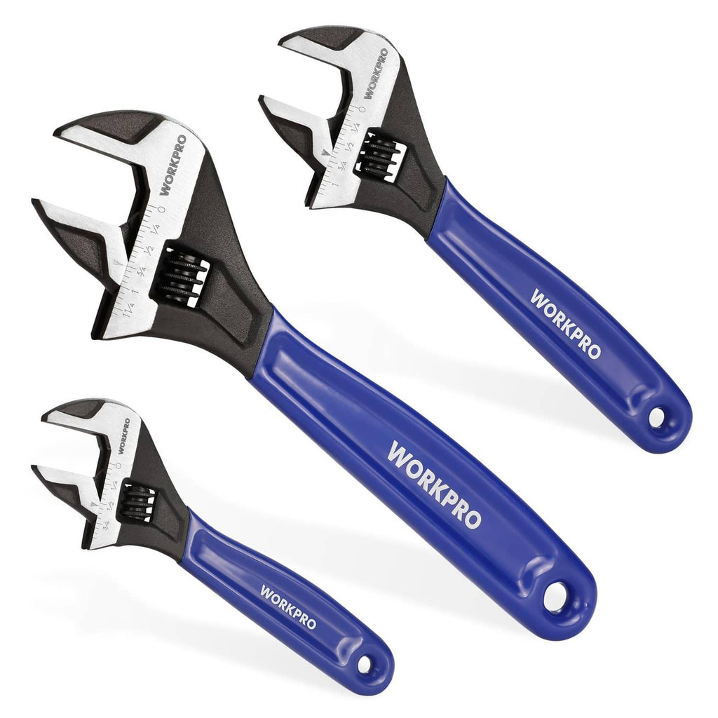 WORKPRO adjustable wrench set with two blue-and-black 6 in and 8 in wrenches