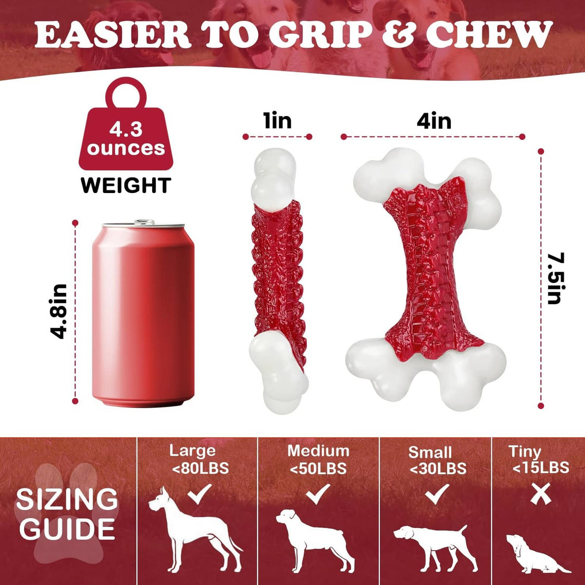 Bone-shaped dog chew toy, red textured center with white knobby ends