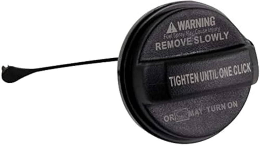 Fuel tank filler gas cap, black with warning REMOVE SLOWLY text and tether