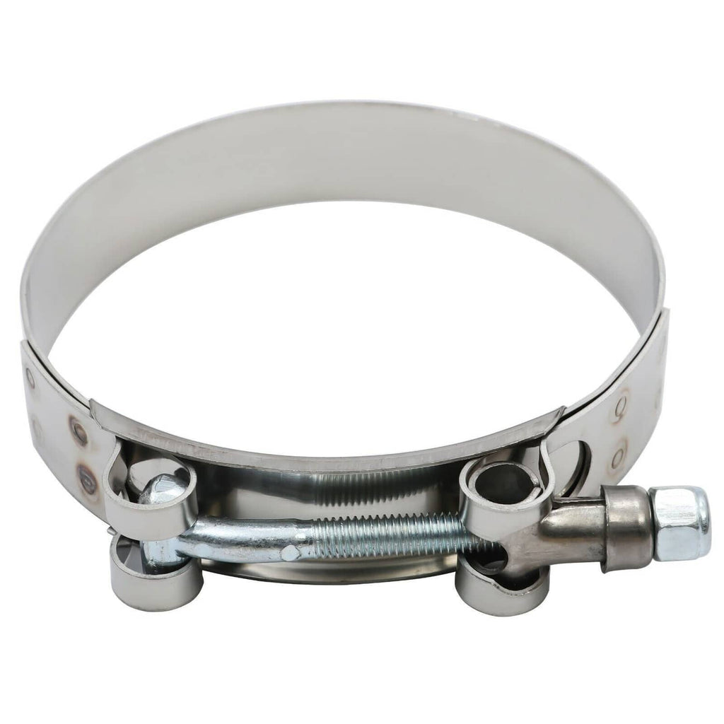Stainless T-bolt clamp with threaded band for securing intercooler piping
