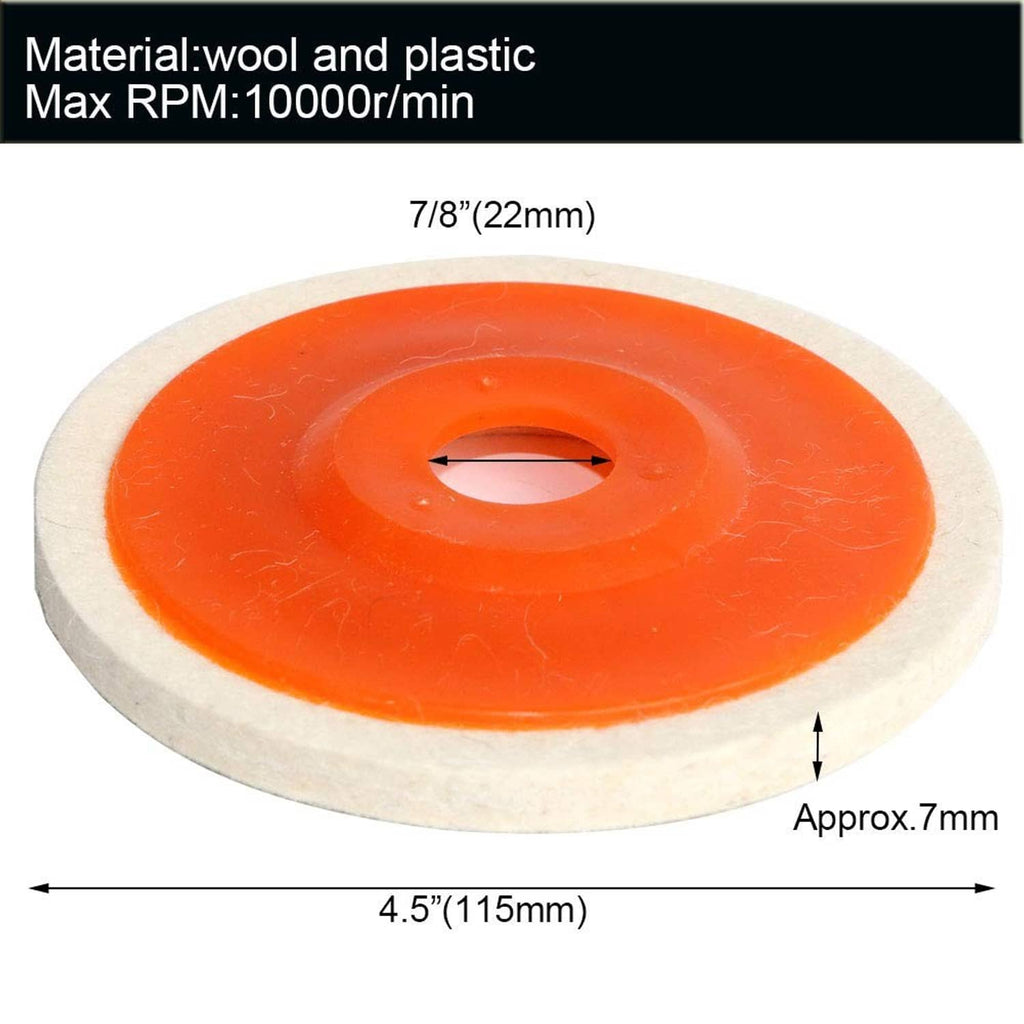 Wool felt polishing wheel pad with orange face, 7/8 in center hole