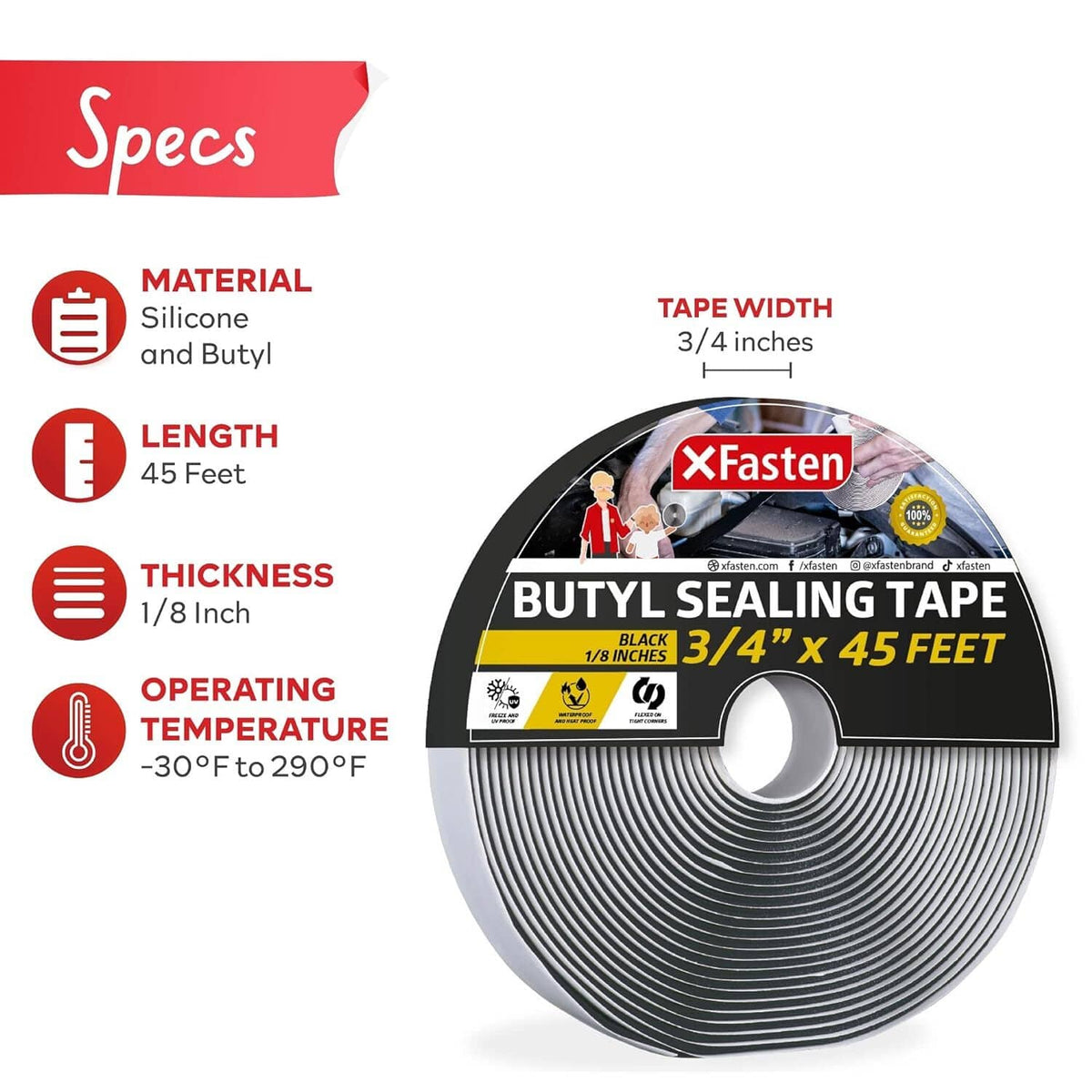 XFasten butyl sealing tape roll, black 3/4 inch x 45 feet, waterproof adhesive