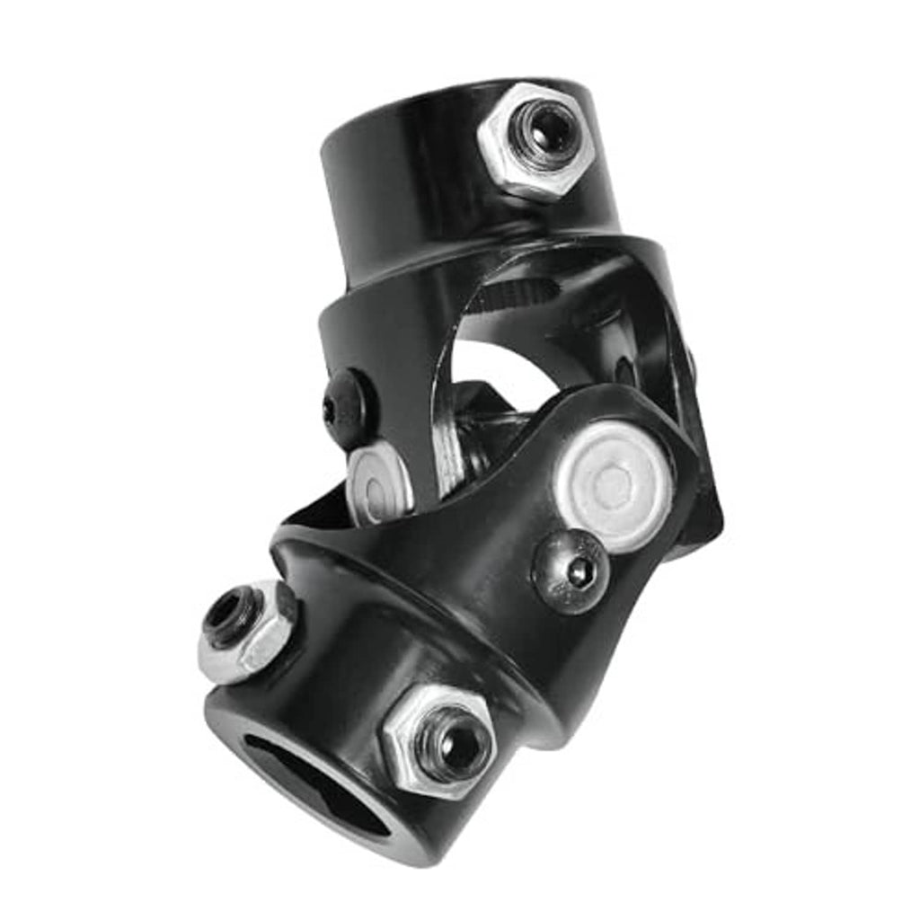 Black steering universal joint with curved yoke, visible bolt holes and locking hardware