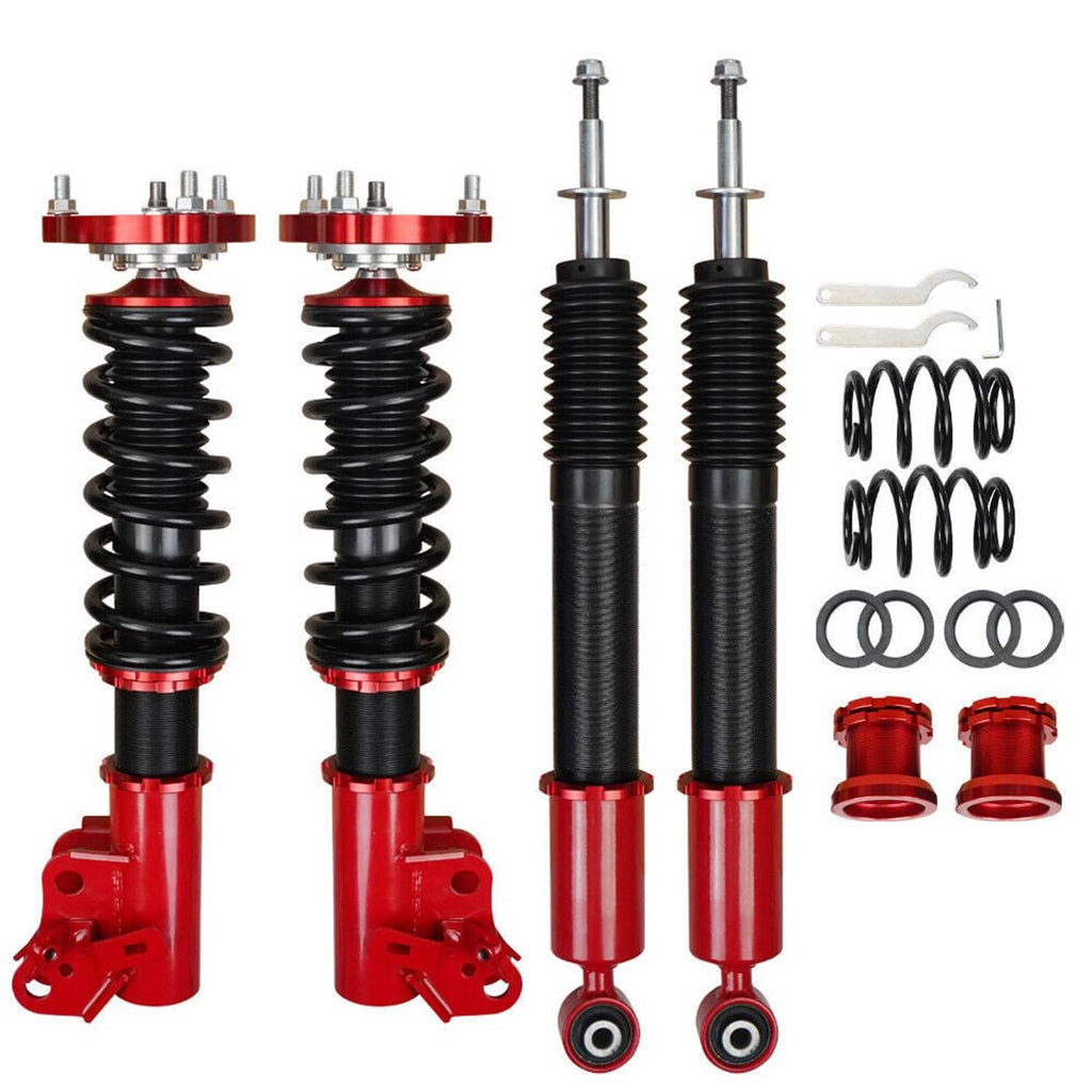Adjustable height coilover suspension kit with red struts, black springs, mounting hardware