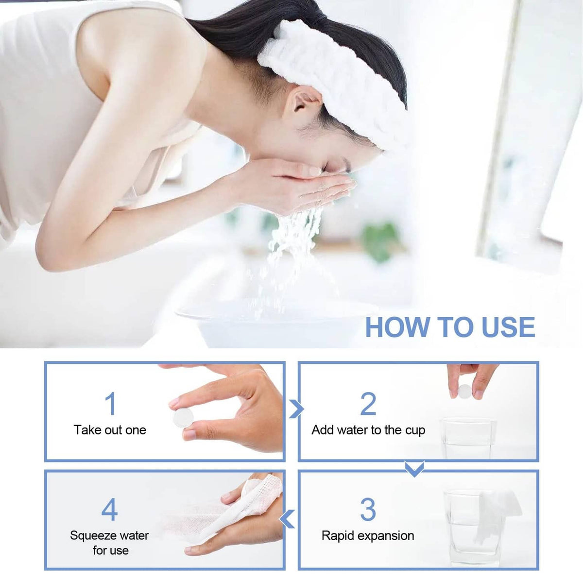 White compressed towel expanding in a cup during use