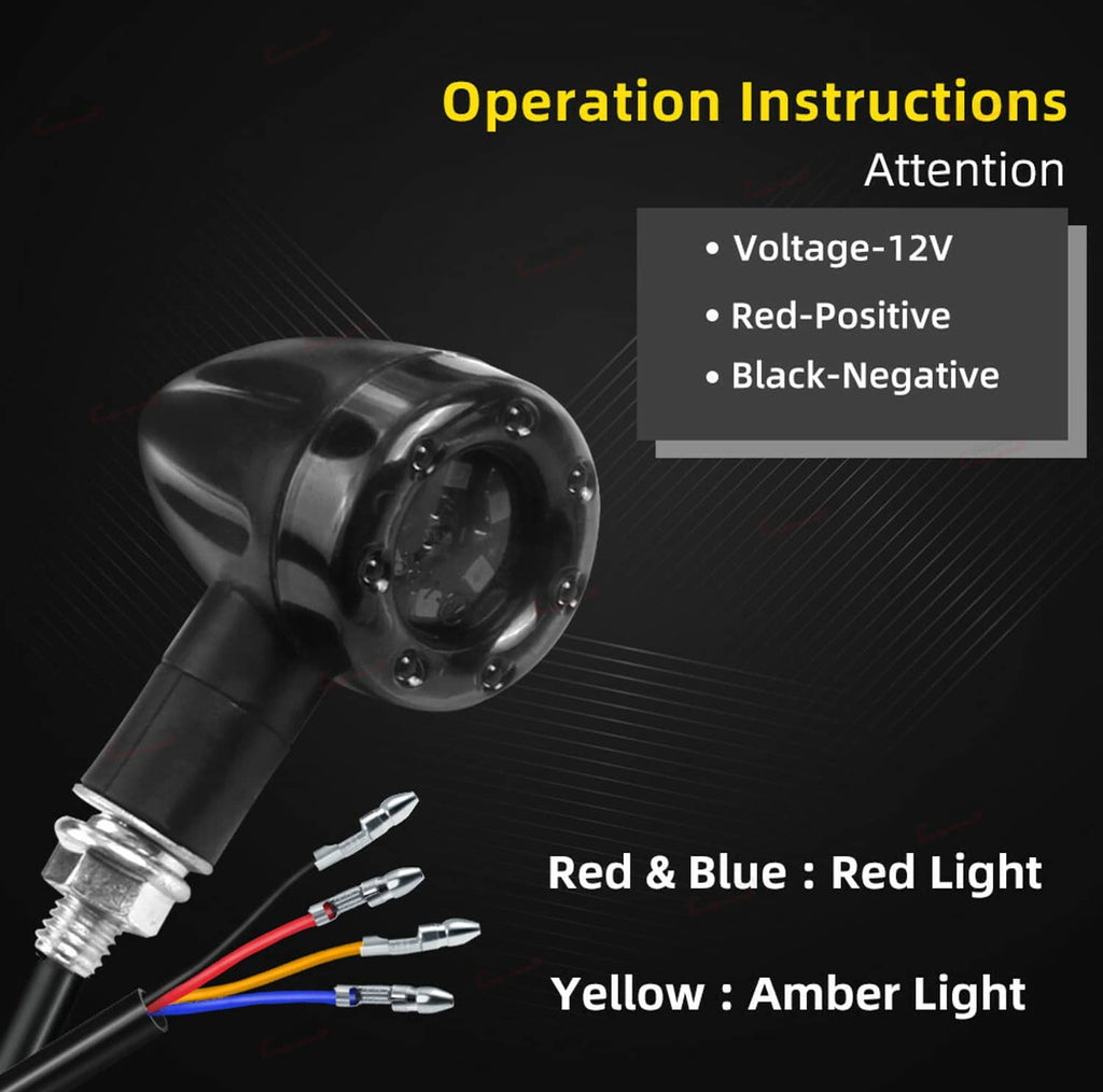 Motorcycle LED turn signal indicator bulb with wiring and bolt mount, black plastic body