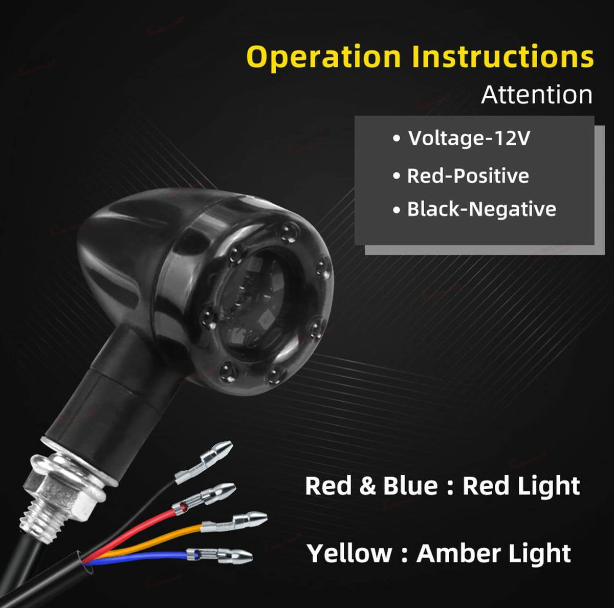Motorcycle LED turn signal indicator bulb with wiring and bolt mount, black plastic body