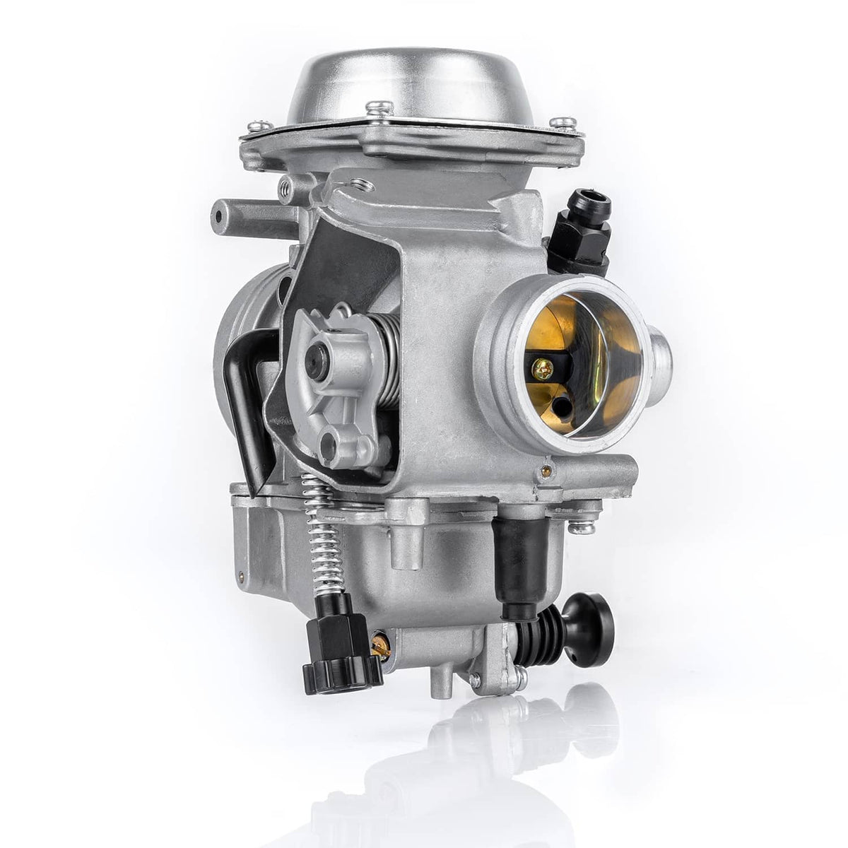 ATV carburetor angled view with round intake bore and black hose fittings