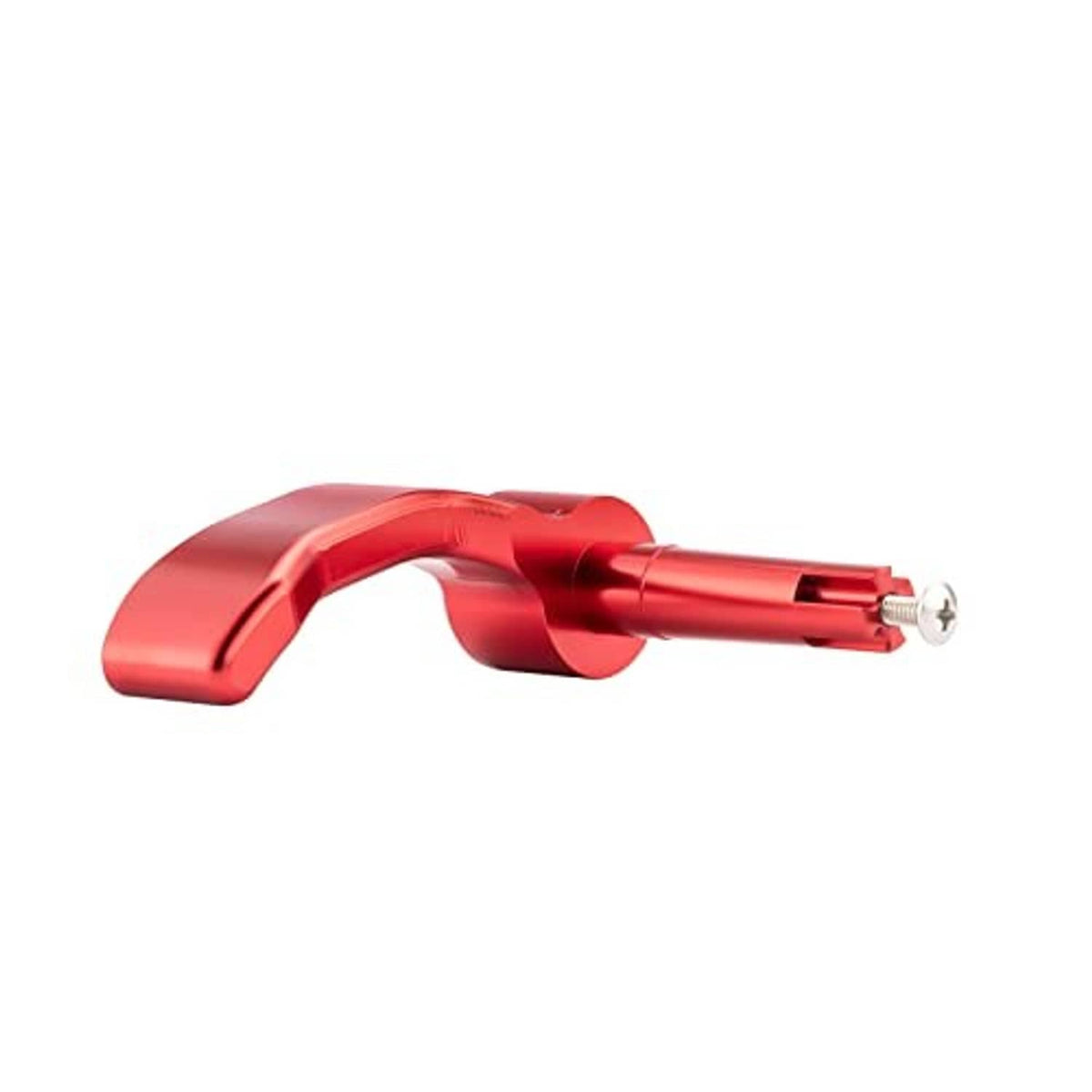 Red aluminum thumb throttle lever, side profile with mounting hardware and screw.
