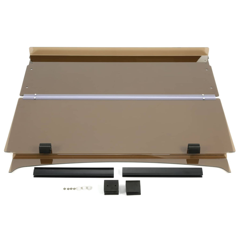 Folding down tinted windshield kit with two brown panels, black trim, and hardware pieces