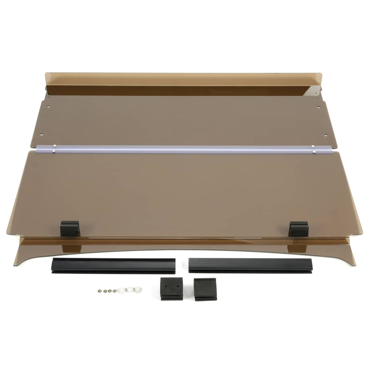 Folding down tinted windshield kit with two brown panels, black trim, and hardware pieces
