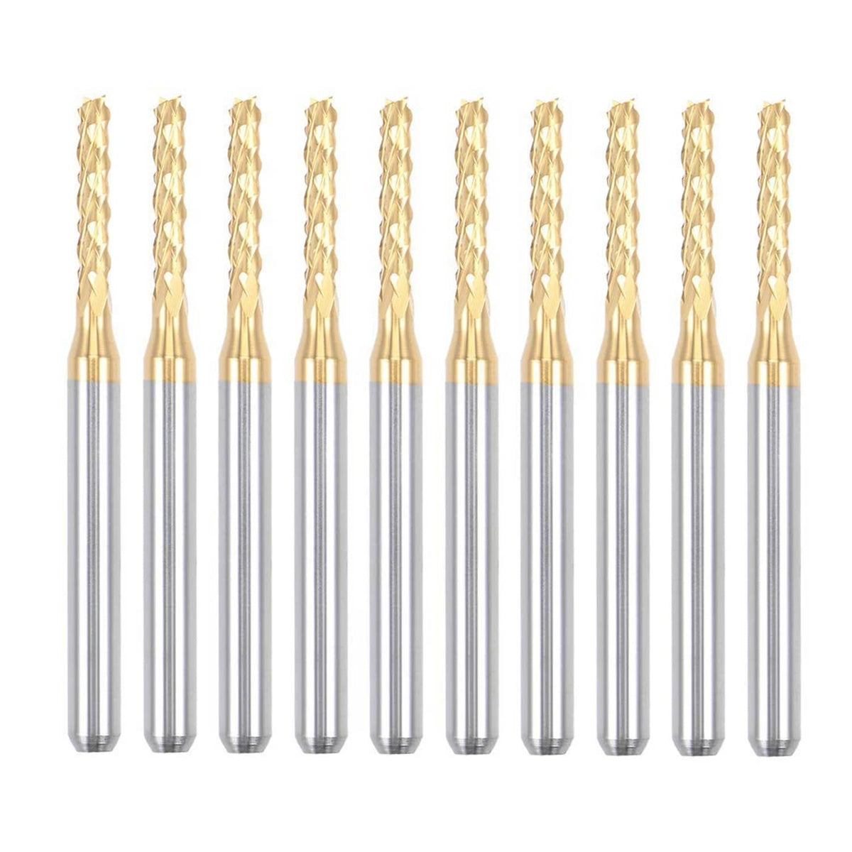 Titanium-coated carbide end mill bits, 10-piece set with 2mm shanks, gold flutes