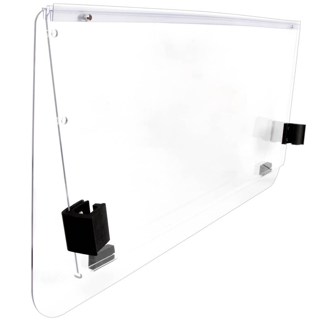 Clear polycarbonate folding windshield with black brackets, close angled view