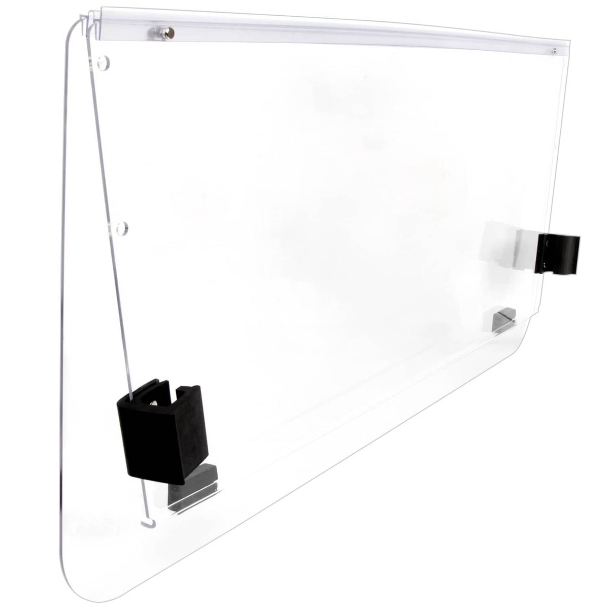 Clear polycarbonate folding windshield with black brackets, close angled view
