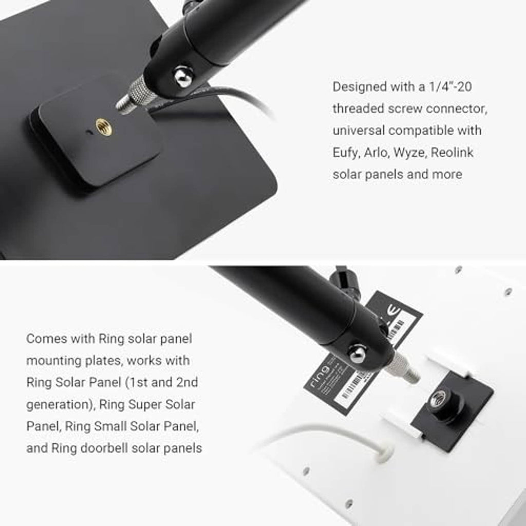 Black threaded screw connector and bracket base for attaching solar panel mounting plates