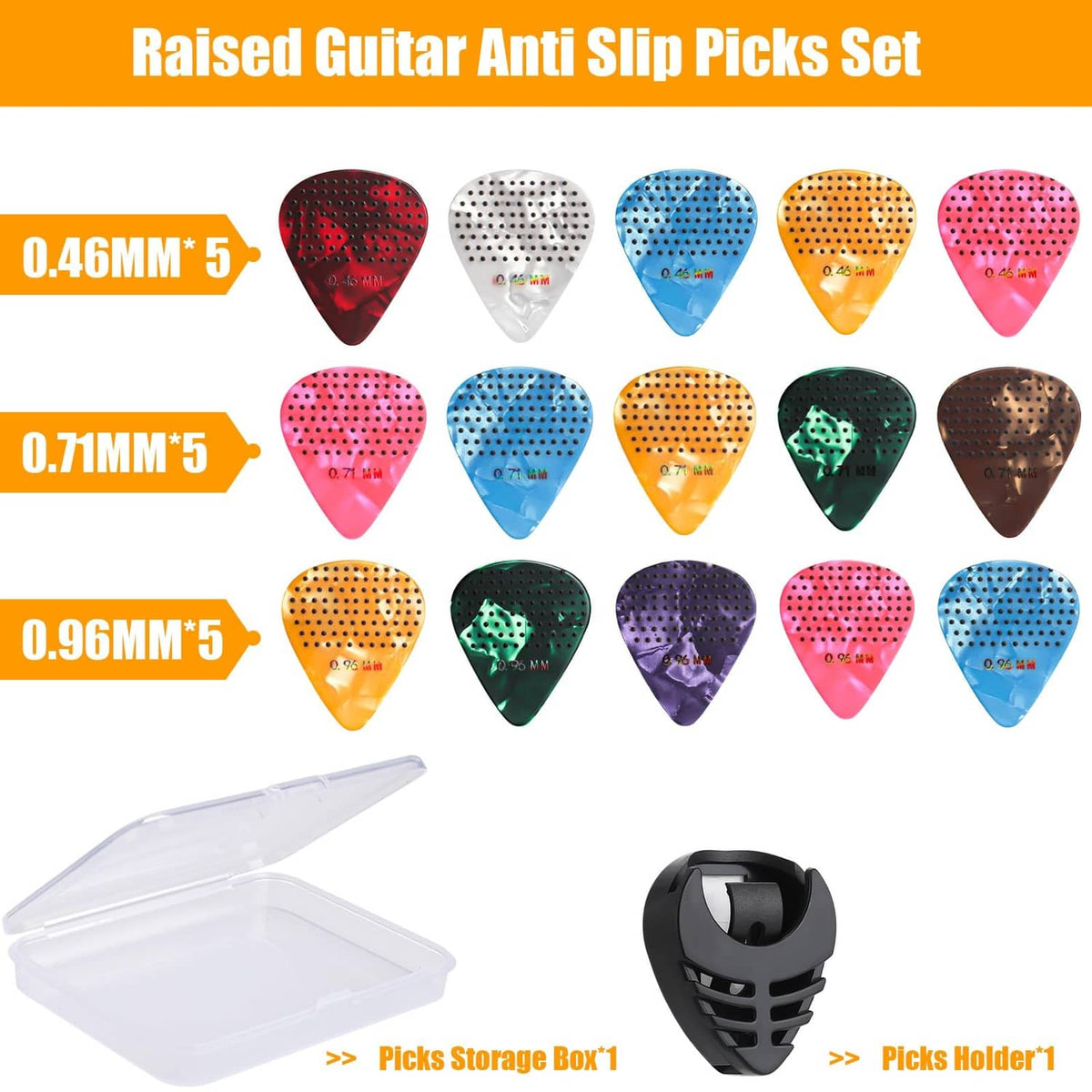 Raised-dot non-slip guitar picks set with storage box and pick holder, assorted colors.