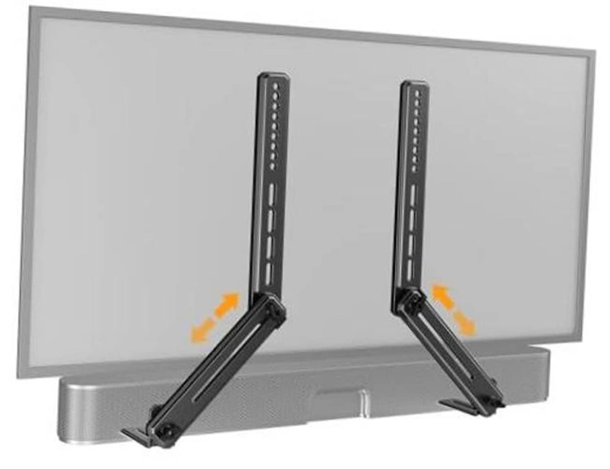 Black adjustable soundbar TV wall mount bracket with V-shaped support arms