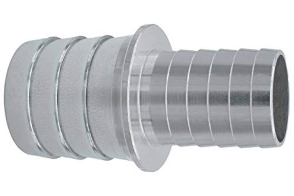 Metal hose barb splice coupler reducer with flared end and concentric ridges