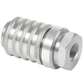 Steel quick coupler with female NPTF thread, knurled sealing rings, hex end port