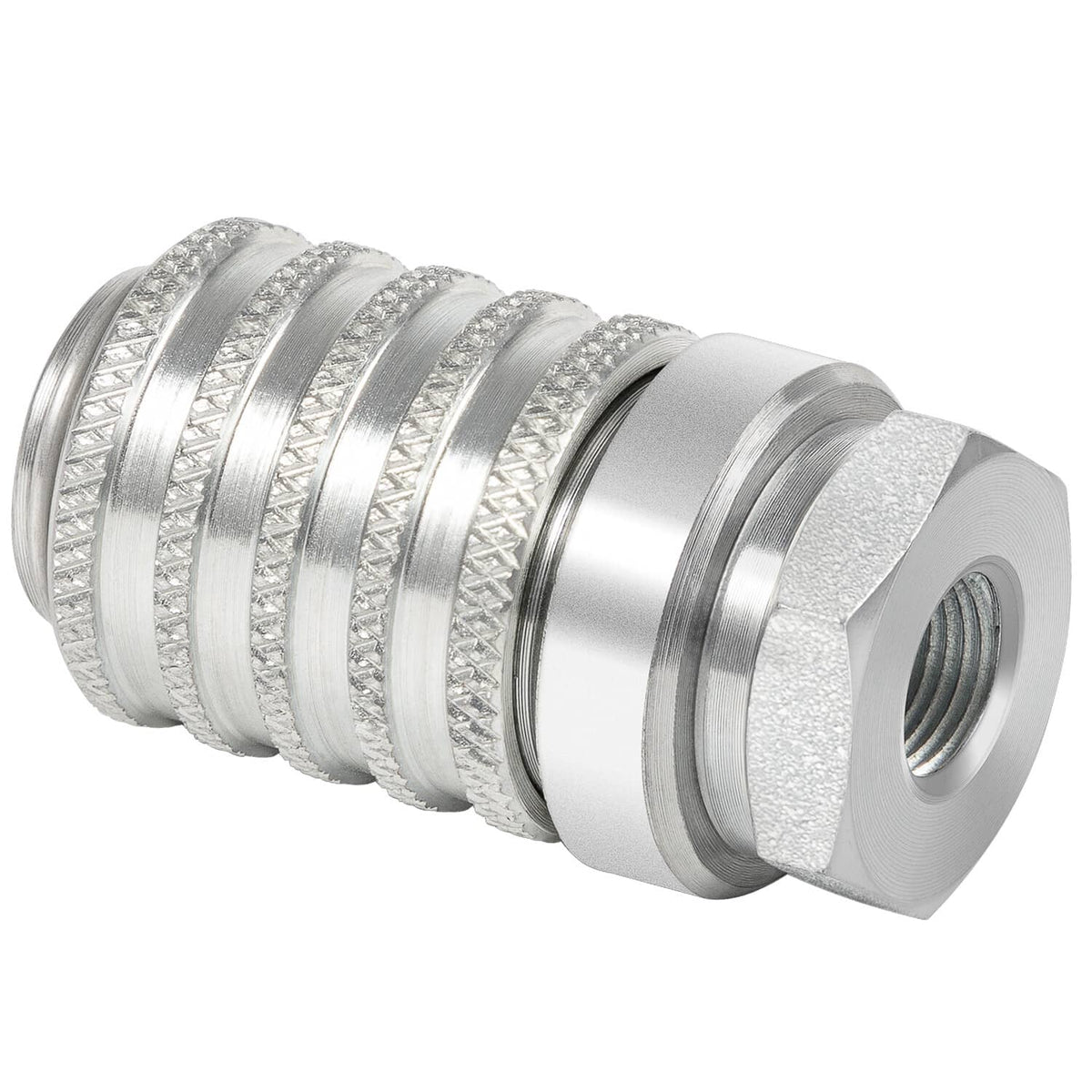 Steel quick coupler with female NPTF thread, knurled sealing rings, hex end port