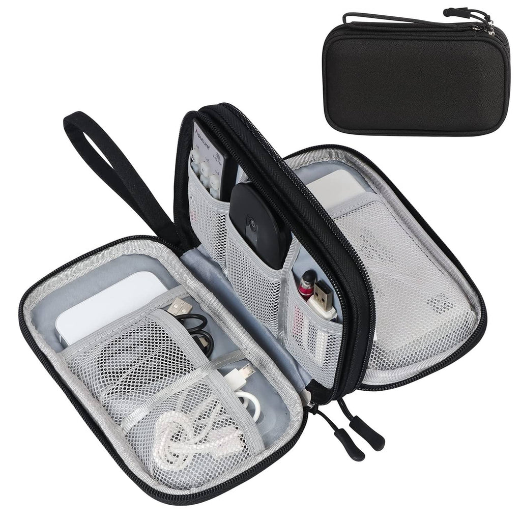 Black zippered travel cable organizer pouch with mesh slots and elastic compartments
