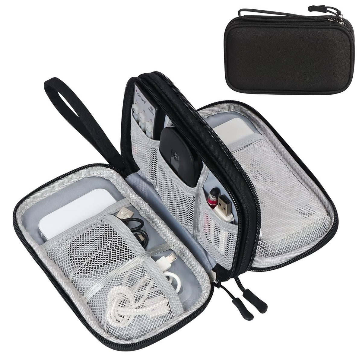 Black zippered travel cable organizer pouch with mesh slots and elastic compartments