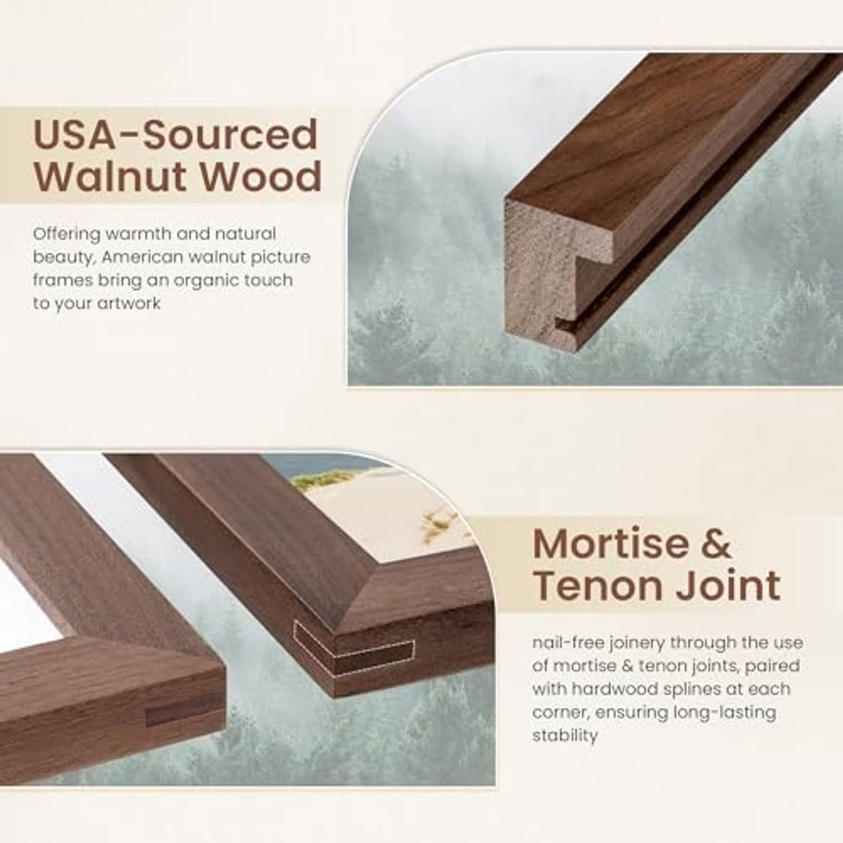Walnut wood picture frame with mortise-and-tenon joints and protective corner design.