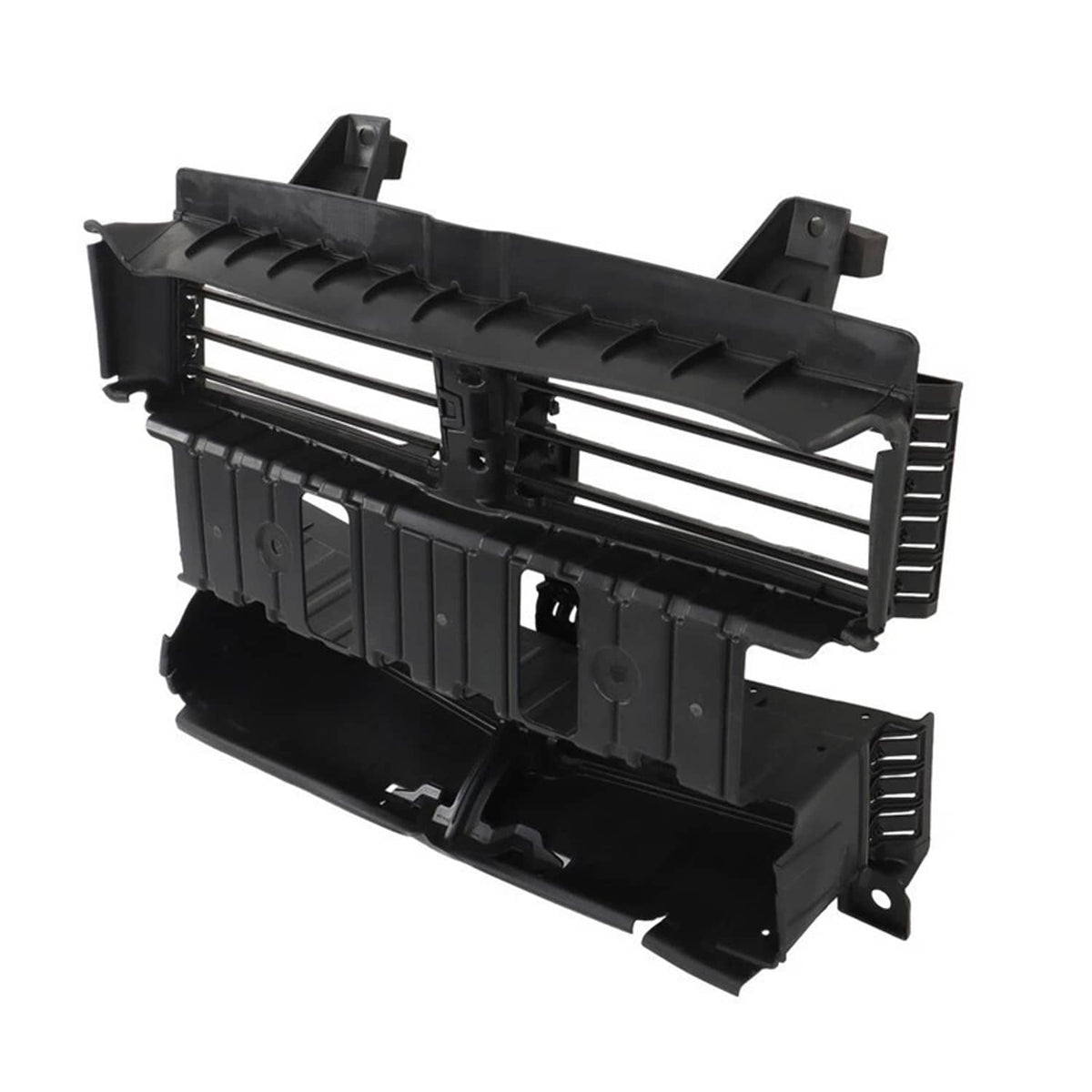 Black radiator shutter control assembly with motor, angled view of slat grille