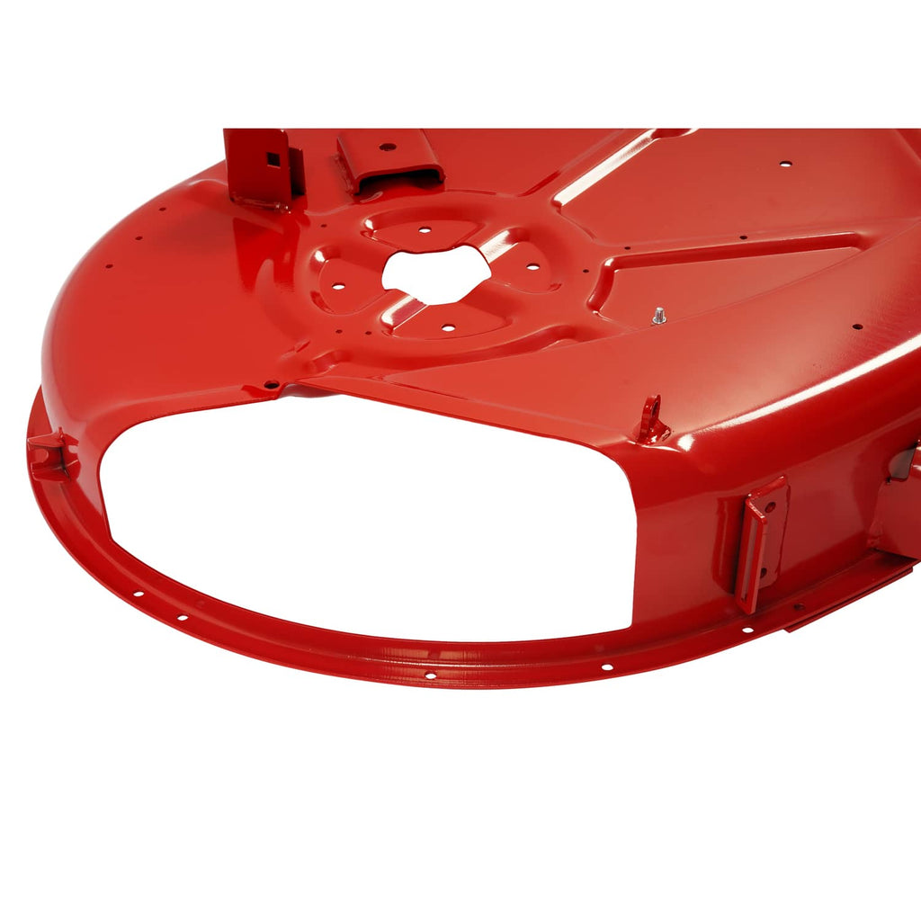 Red mower deck housing end section with large cutout and mounting bracket