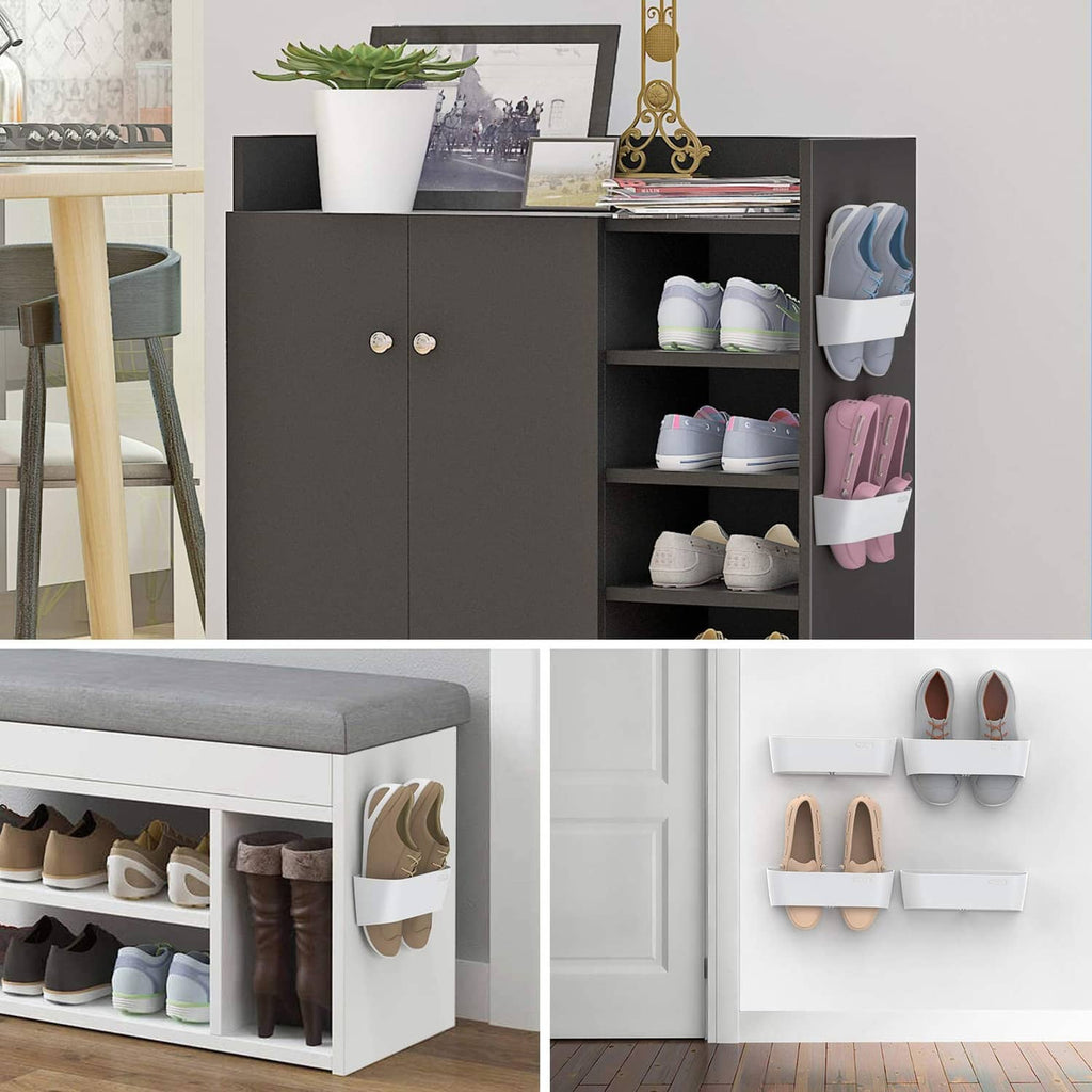 White wall shoe storage rack with multiple hinged holders for sneakers and flats