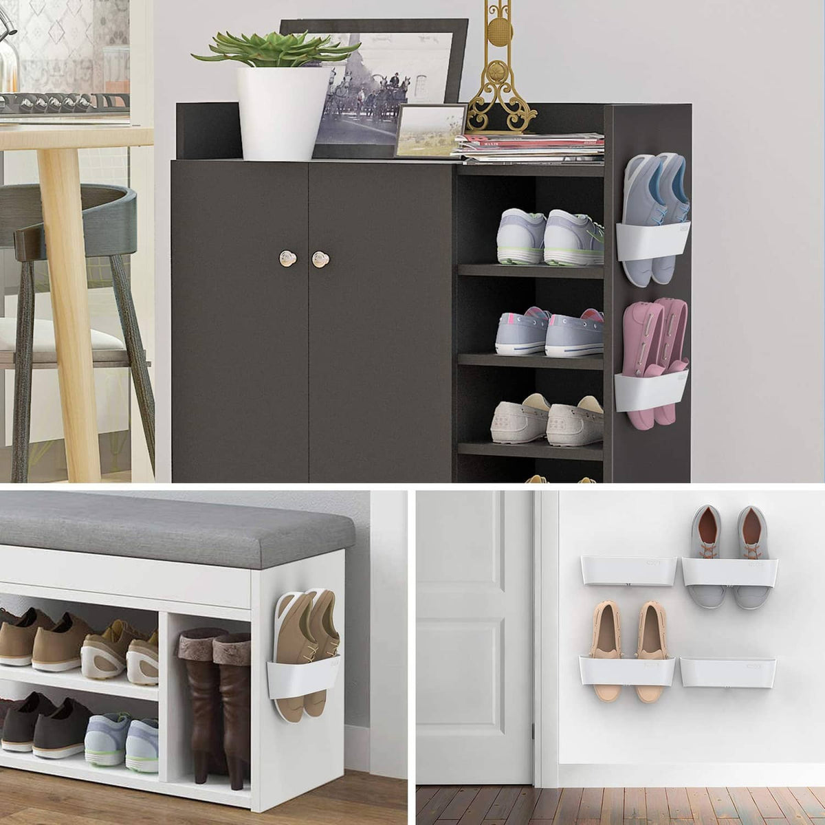 White wall shoe storage rack with multiple hinged holders for sneakers and flats