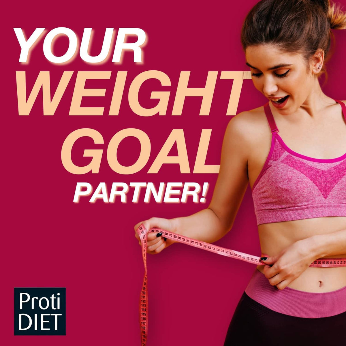 Weight-goal promotional banner with ProtiDIET logo and measuring tape near a bowl