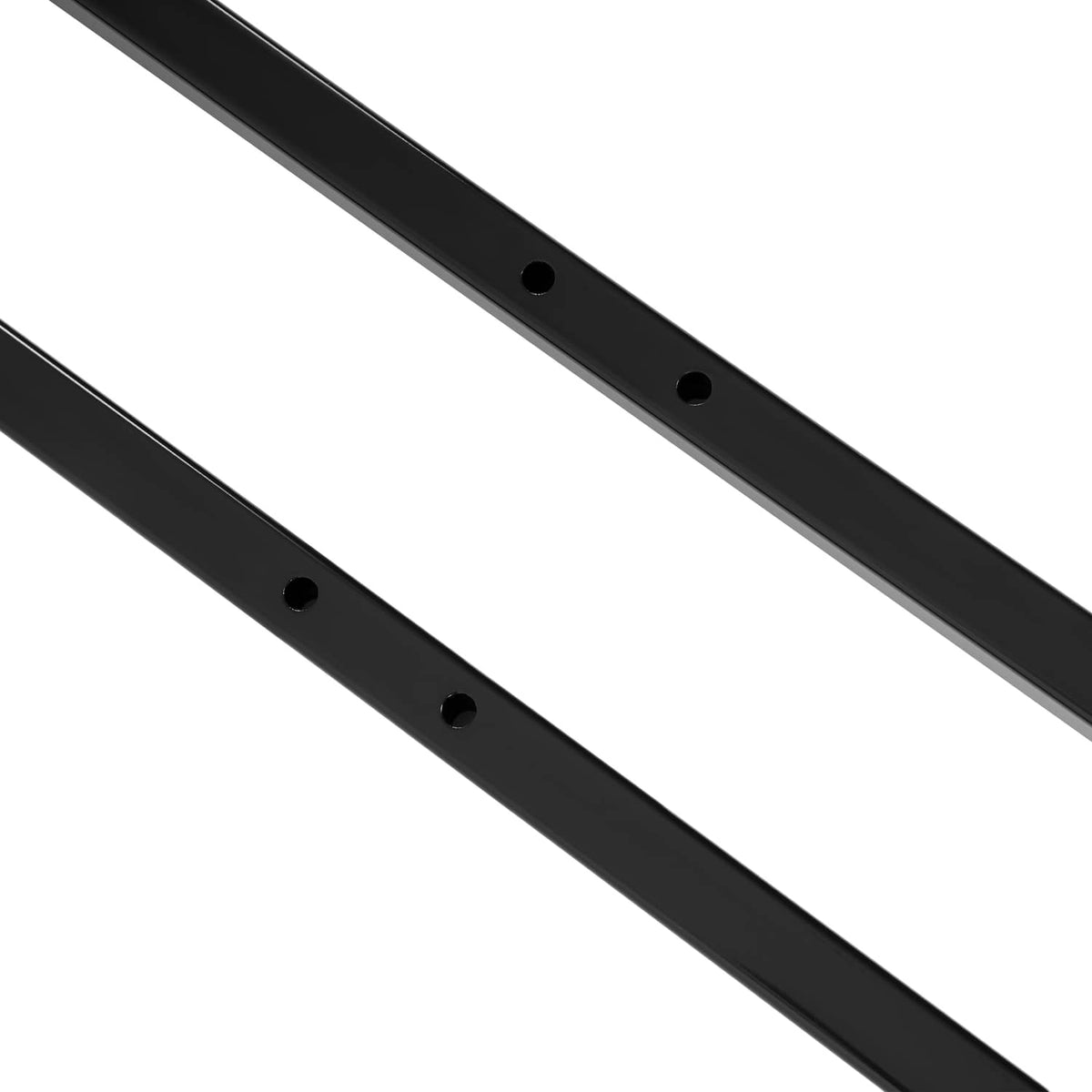 Black steel roof support struts, close-up of long bars with drilled hole rows