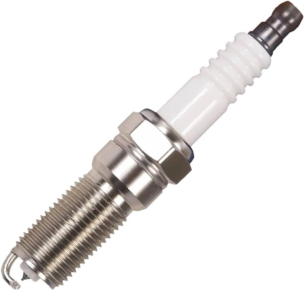 Spark plug with white ceramic insulator and threaded metal body