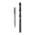 Tap and drill bit set with threaded tap and black spiral drill bit