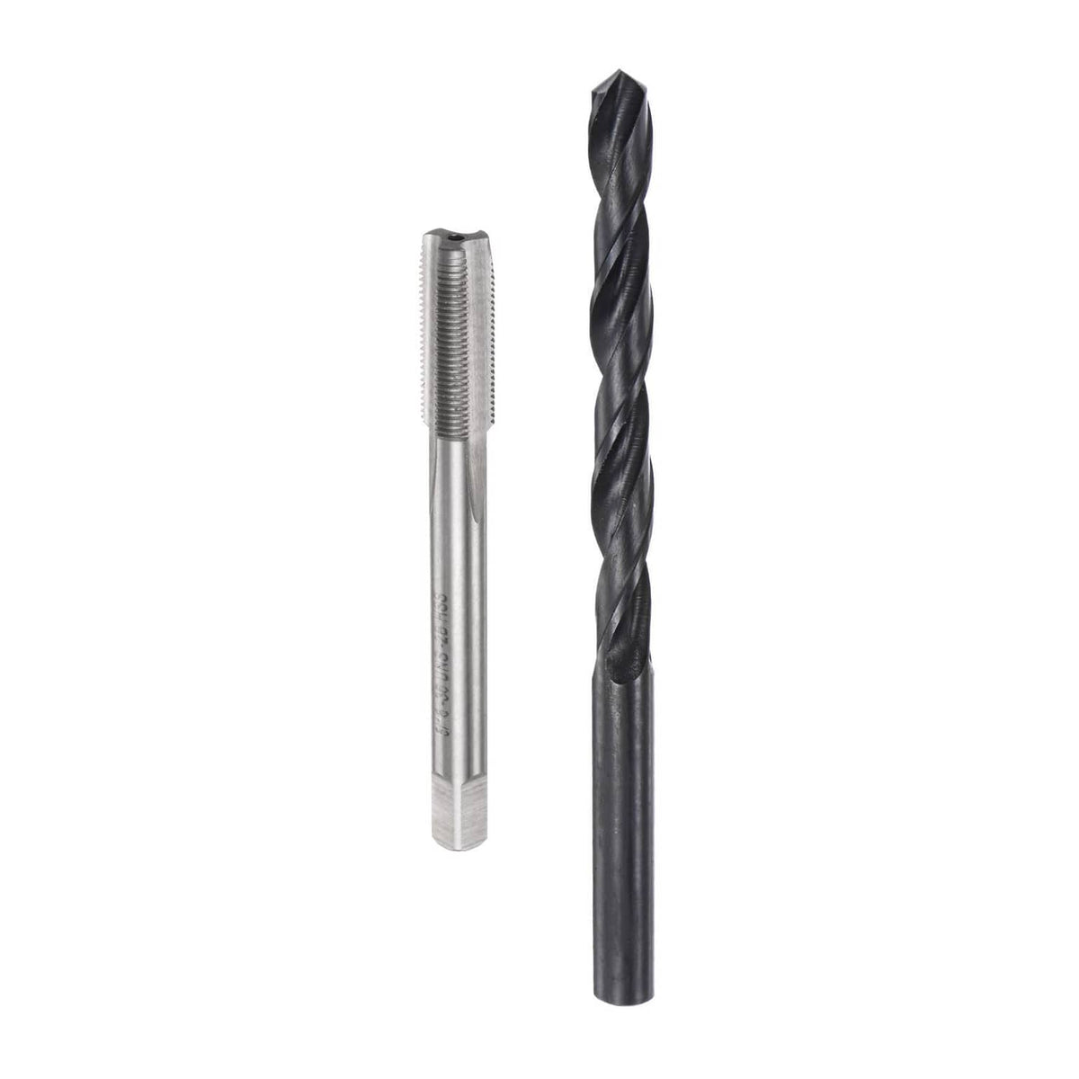 Tap and drill bit set with threaded tap and black spiral drill bit