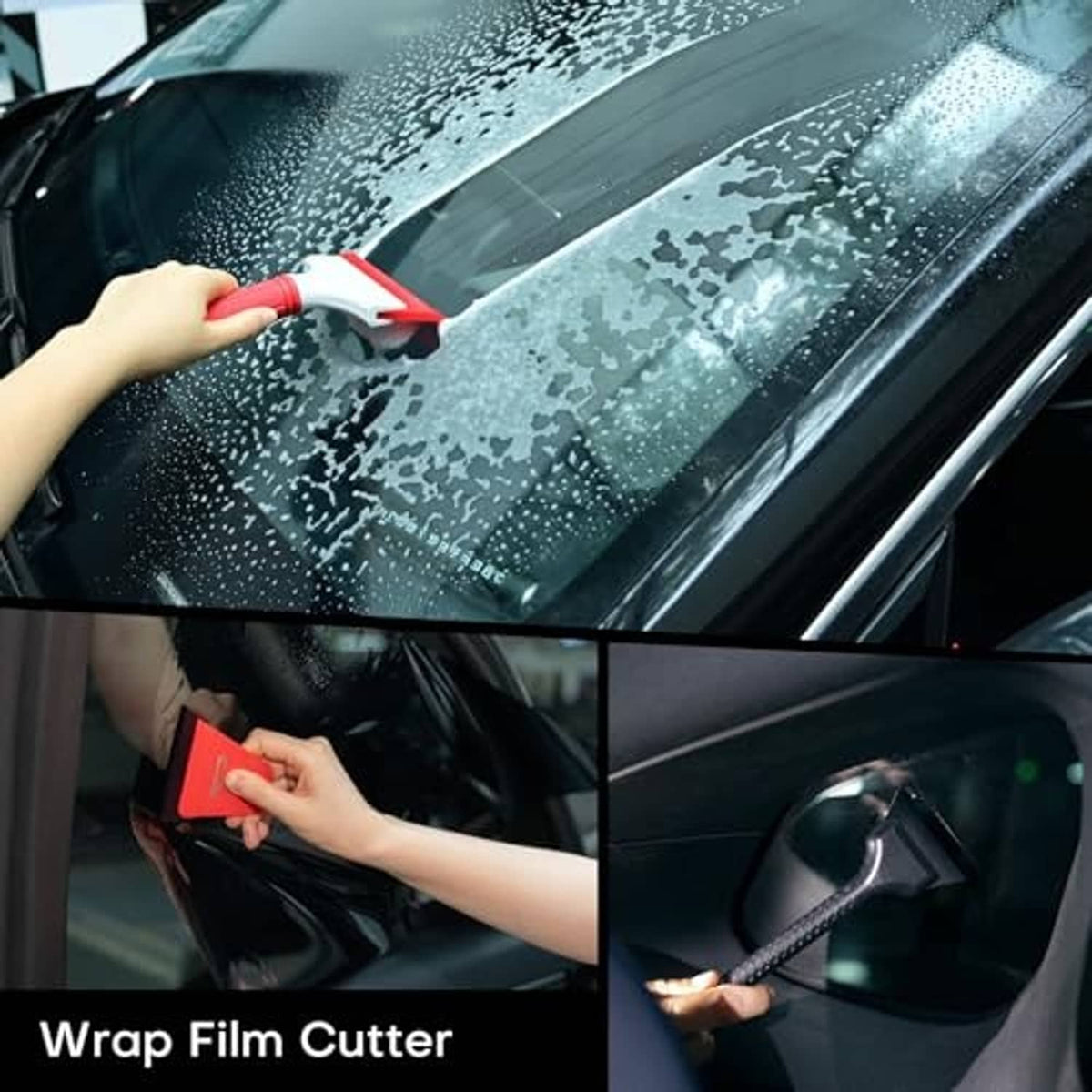 Wrap film cutter with red handle trimming windshield vinyl, hand holding tool